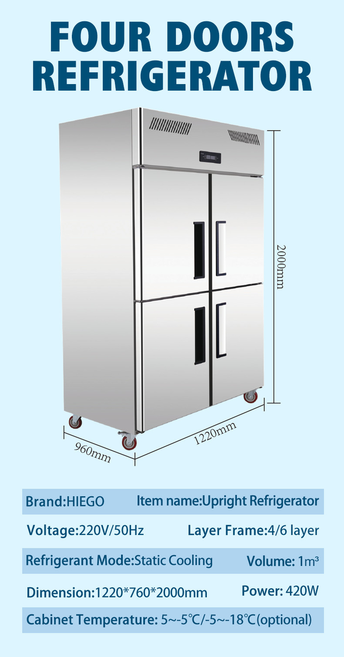 Freezer Stainless Steel 1000L Untuk Daging 4 Pintu Kipas Pendingin Kulkas Dapur Vertikal 0