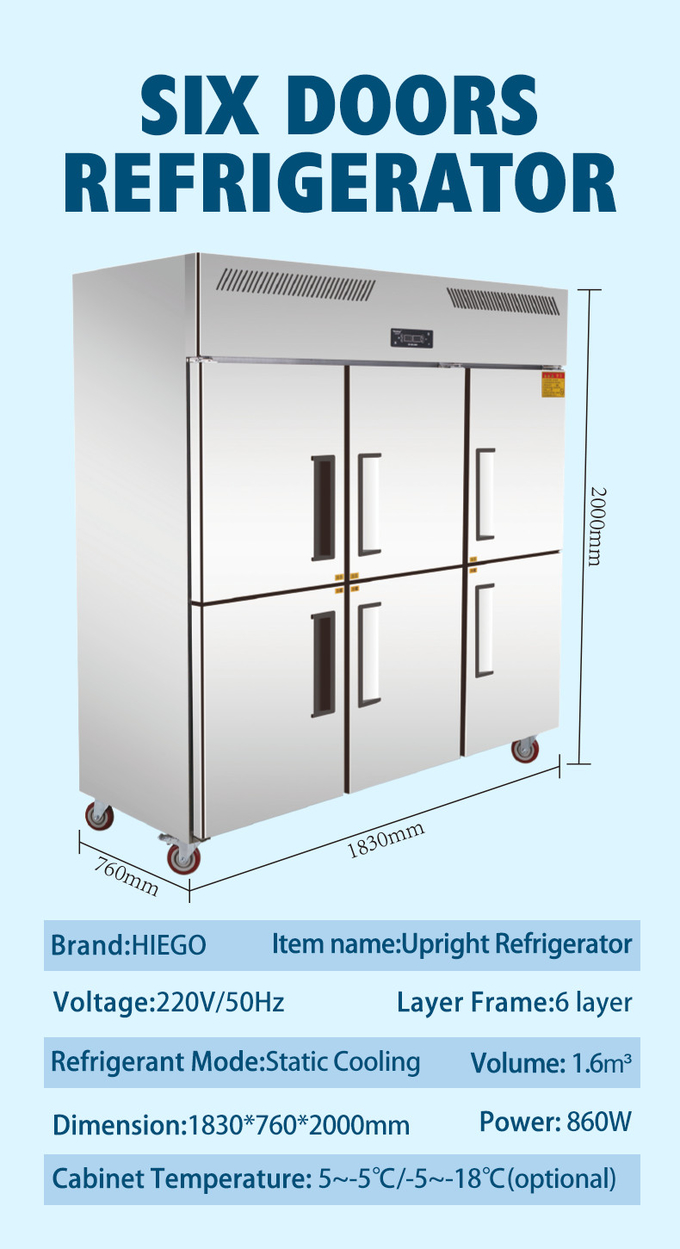 Freezer Stainless Steel 1000L Untuk Daging 4 Pintu Kipas Pendingin Kulkas Dapur Vertikal 10