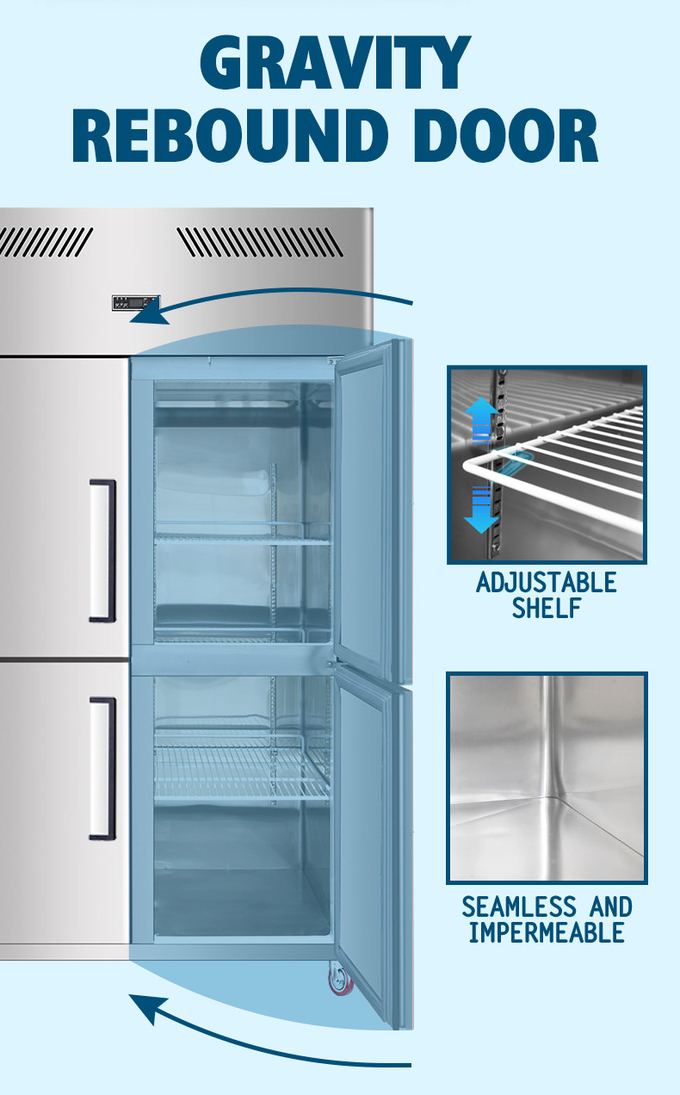 Freezer Stainless Steel 1000L Untuk Daging 4 Pintu Kipas Pendingin Kulkas Dapur Vertikal 5